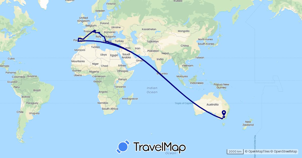 TravelMap itinerary: driving in United Arab Emirates, Albania, Australia, Switzerland, Spain, Greece, Croatia, Italy, Montenegro, Portugal (Asia, Europe, Oceania)